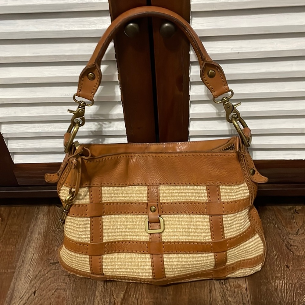 Fossil Fifty-Four Straw Leather Tote Bag Tan